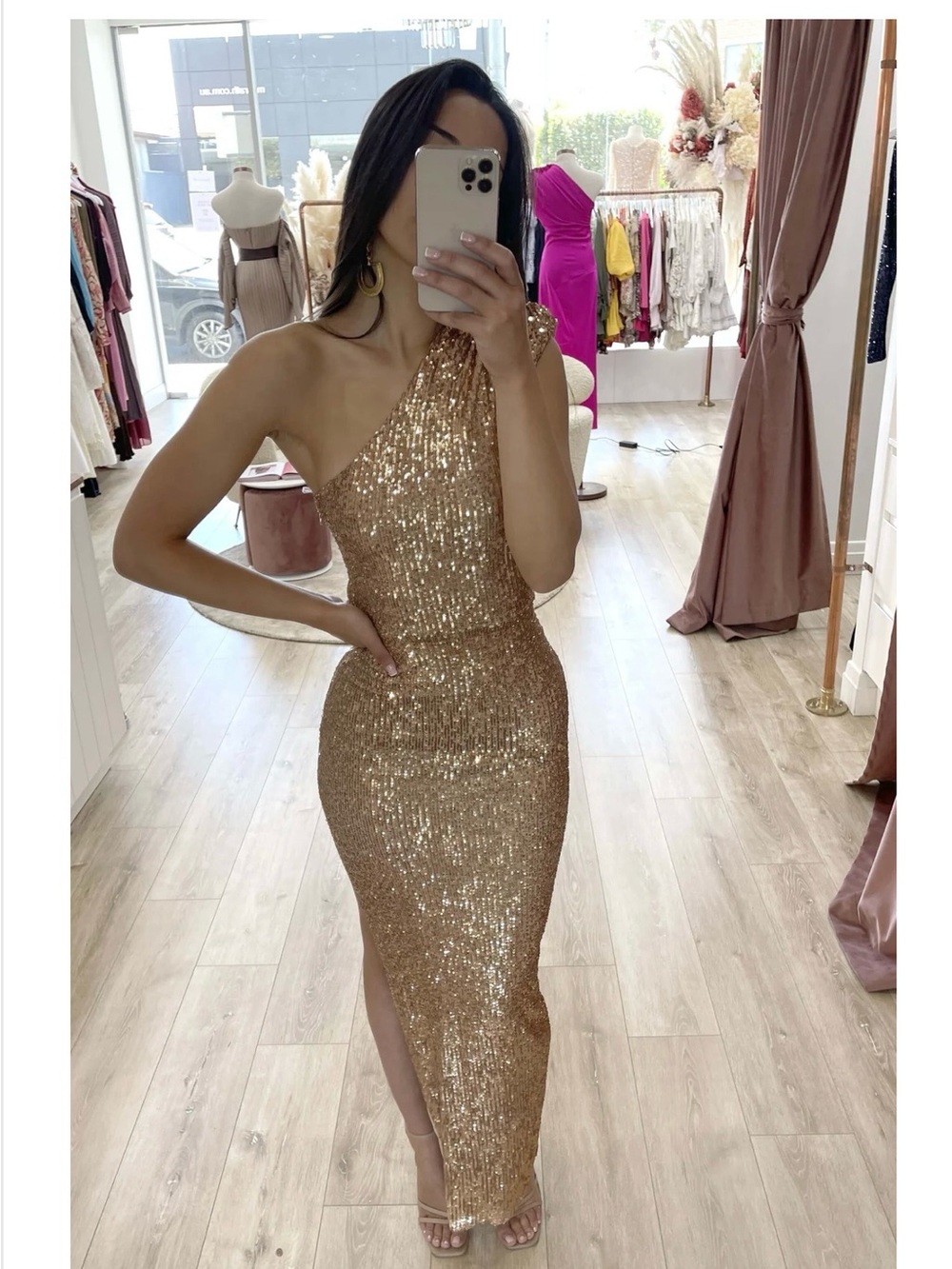 Nookie Veda One Shoulder Sequin Gown in Gold